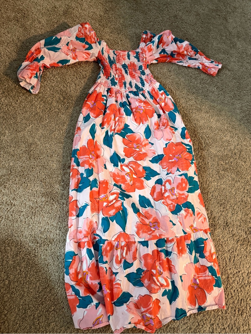 Floral Smocked Maxi Dress in Coral and Teal